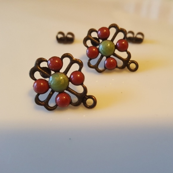 Avon Jewelry - Vintage Avon Bronze Earrings Green Red